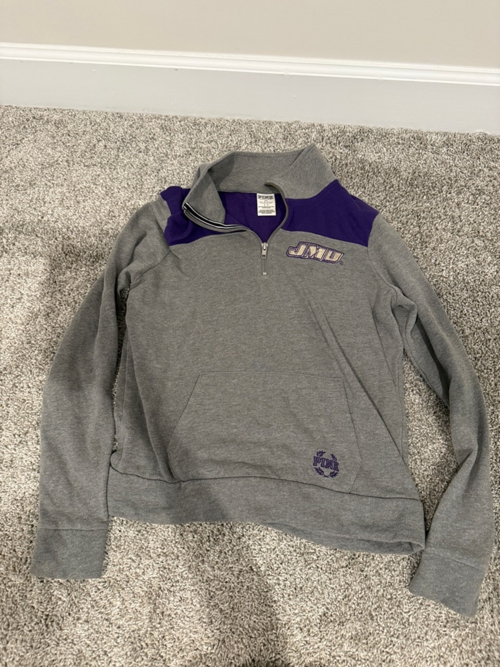 PINK Victoria's Secret Gray and Purple JMU Quarter-Zip Sweatshirt
